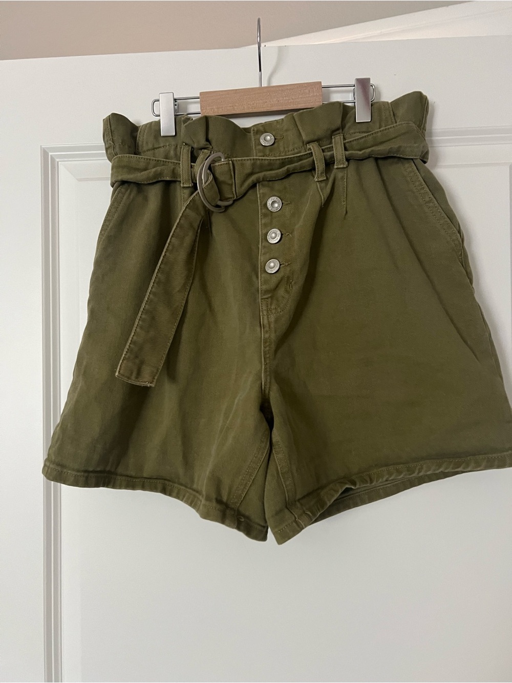 Free People Olive Green High-Waist Paperbag Shorts with Belt